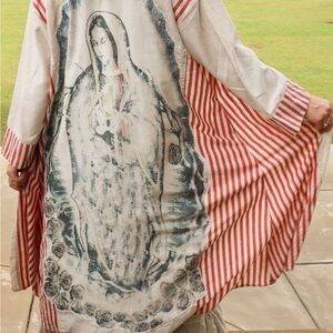 Striped Red and White Kimono with Guadalupe Print